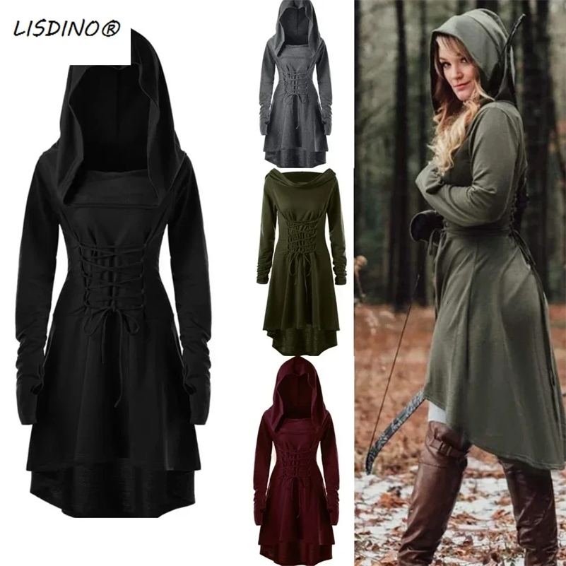 Costumi medievali Cosplay rinascimentali da arciere Abito con cappuccio Abito con lacci Pullover lungo con cappuccio Abito Mantello Festa di Hallowe