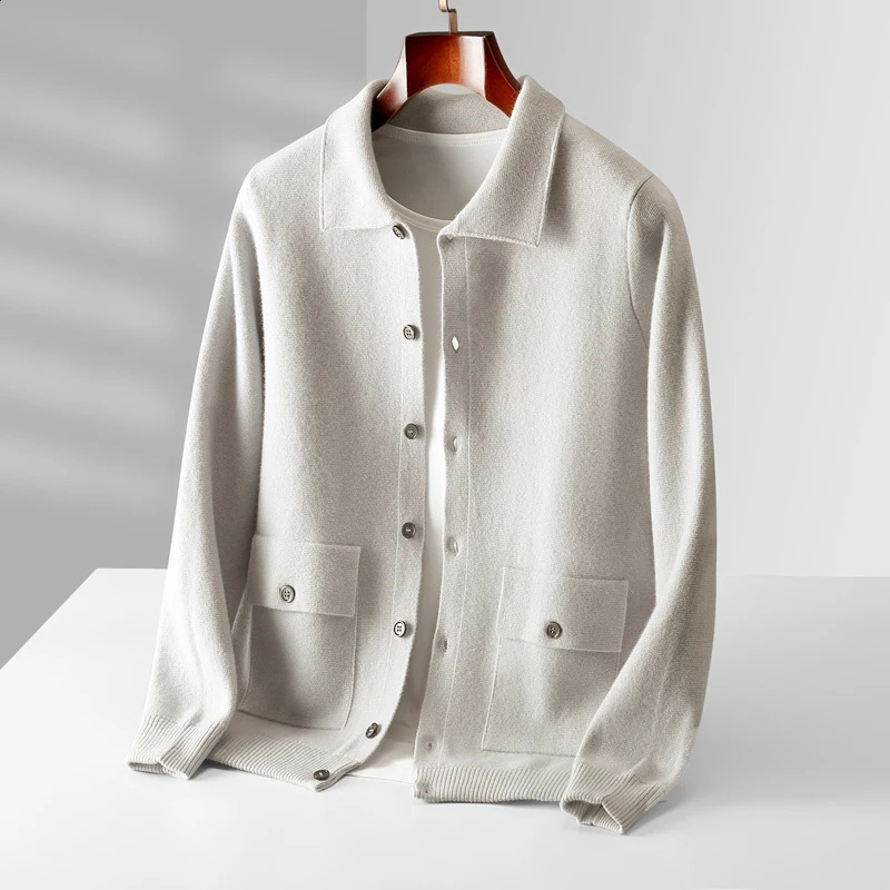 Men's 100% Merino Wool Cardigan Autumn Winter Cashmere Sweater Collar Long Sleeve Thick Wool Knitted Button Smart Casual Tops 260920