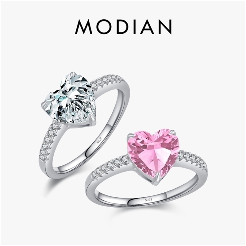 MODIAN 925 Sterling Silver Romantic Pink Hearts Zirconia Wedding Ring For Women Engagement Classic Fine Jewelry Gifts 260918