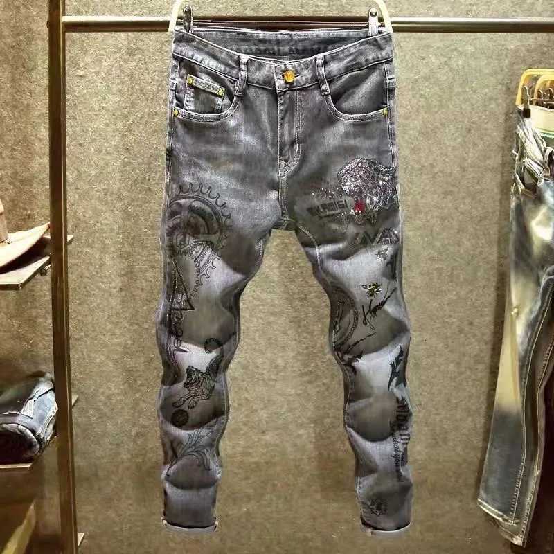 Men's Jeans Spring and Autumn New Fashion Trend Print Retro Straight Leg Sports Denim Pants Men's Casual Slim Breathable High-Quality Jean