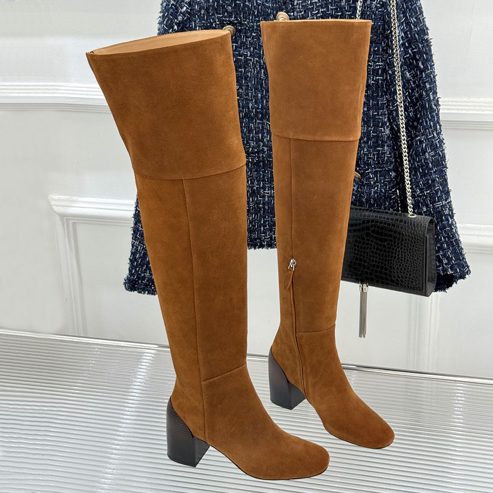Womens Designer Thigh High Boot Luxury Suede Boot Outdoor Retro Casual Chunky Heel Knight Boot Comfort Casual Autumn Winter Boots Leather Lining Siz