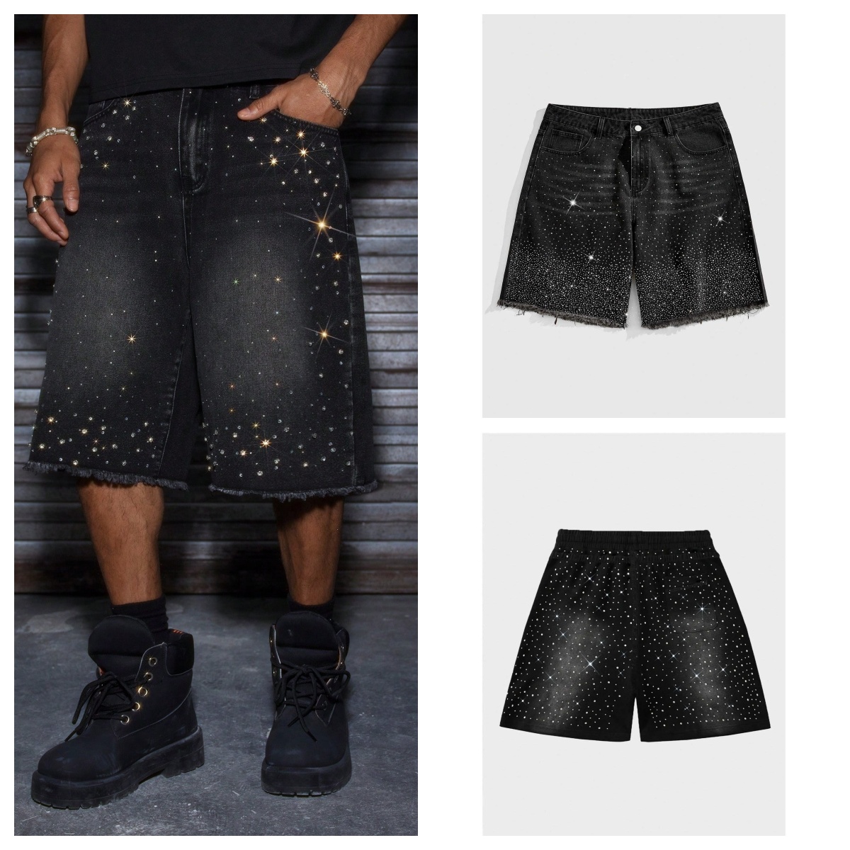 Men's Rhinestone Denim Shorts Baggy Raw Hem Jean Shorts Summer Casual Streetwear Y2K Black Washed No Stretch Pants