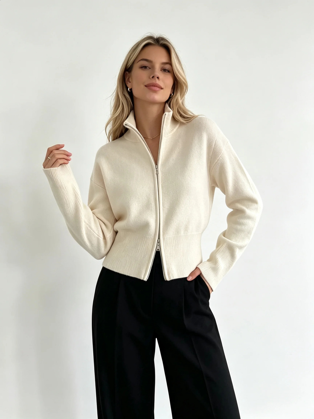 Bornladies Minimalist Women's Zipper n Cardigan 2026 Series Slim Fit Ribbed Sweater Suitable for Casual Daily Wear 260920