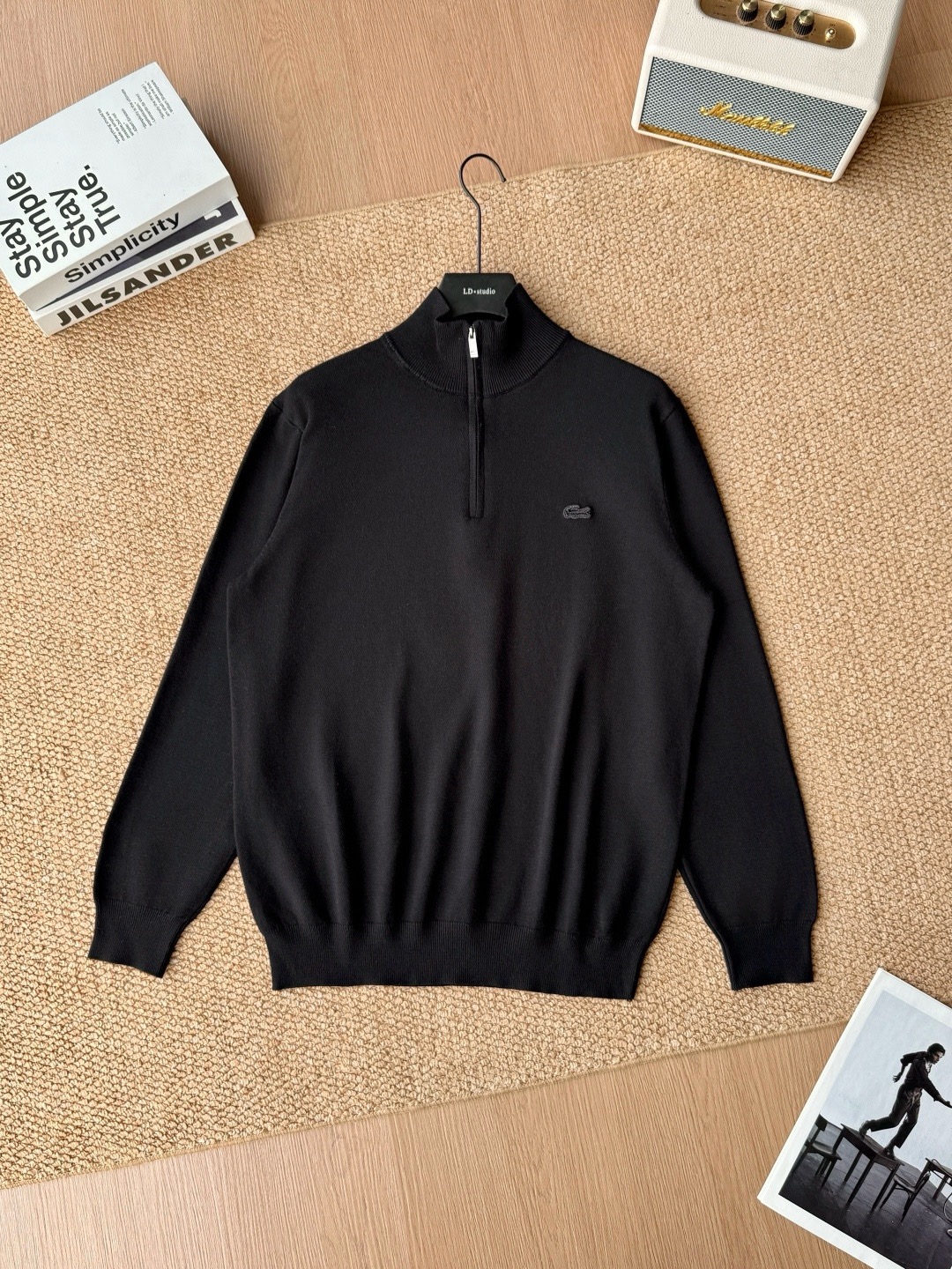 Men's Quarter Zip Fine Knit Sweater, Long Sleeve Pullover, Small Animal Embroidery Logo Casual Knit Top for Autumn Winter