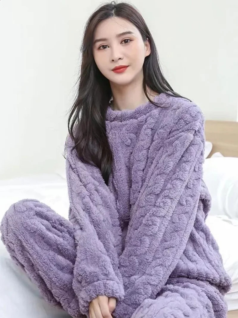 CHUANGERM Women's Thick Coral Fleece Pajamas Set Autumn Winter Warm Flannel Fleece Lined Large Size Sleepwear Suit Home Clothes 260918