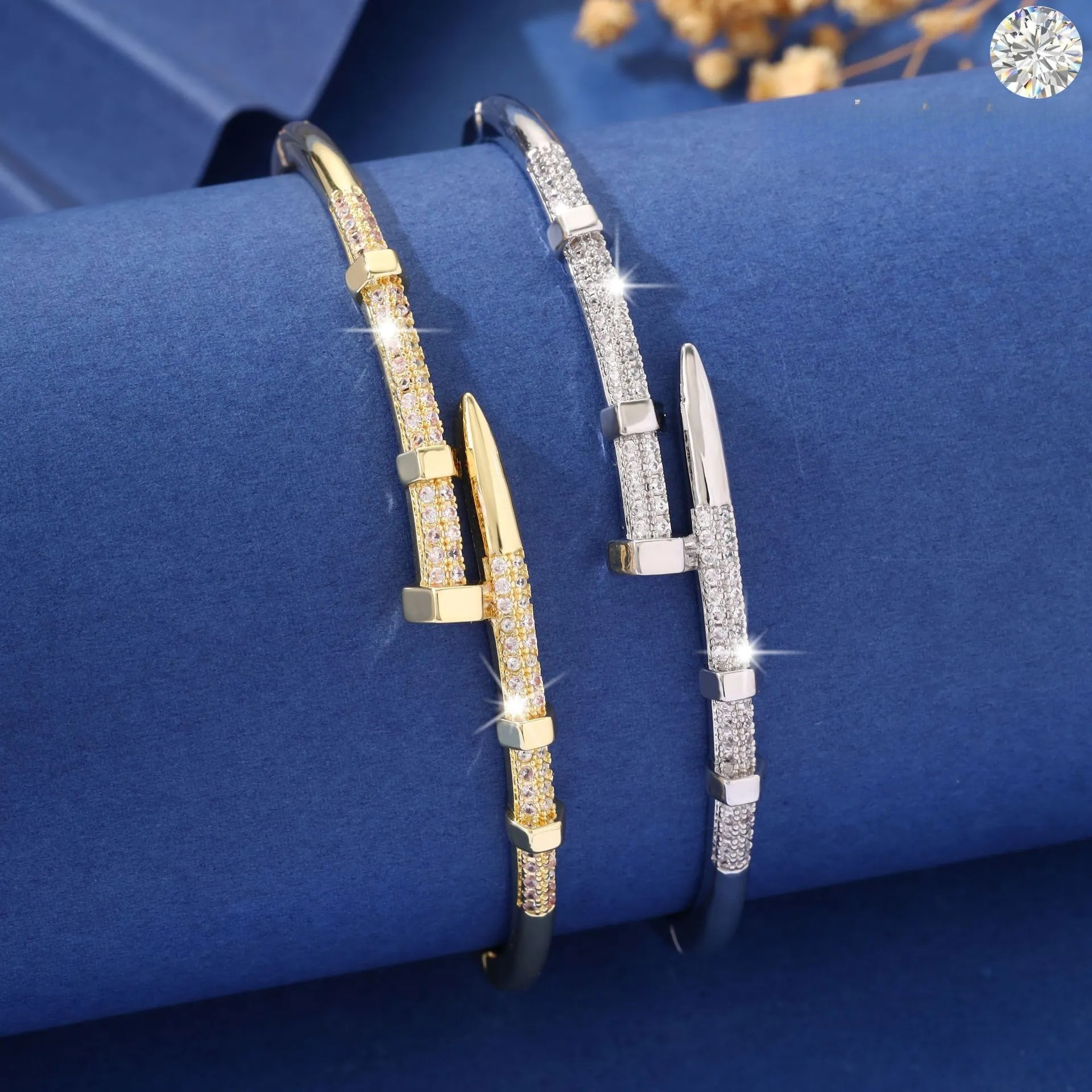 Fashion Designer Bangle Cuff Bracelets Paved AAA Moissanite Diamond Nail Cross Shape Gold Plated Trendy Versatile Jewelry Factory Wholesale