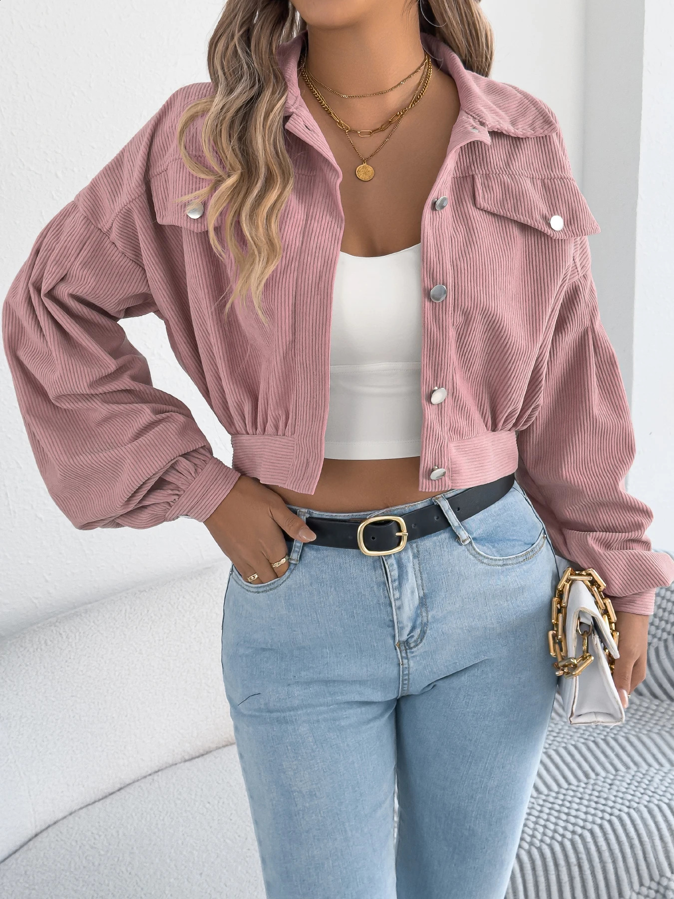 Womens Single Breasted Corduroy Cropped Jacket for 2026 Autumn Casual Solid Color Turn Down Collar Lantern Long Sleeve Coats 260920