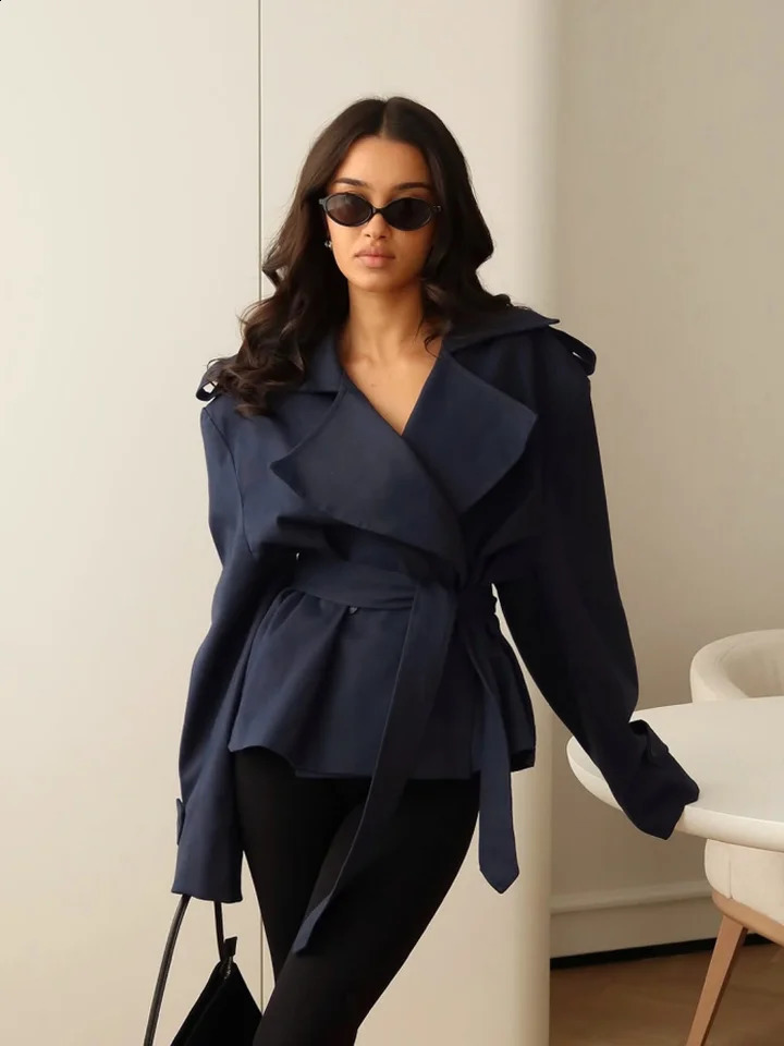 Women Waist Cinching Windbreaker Fashion Solid Laple Neck Button Long Sleeve Single-breasted Coats 2026 Lady Street Solid Jacket 260920