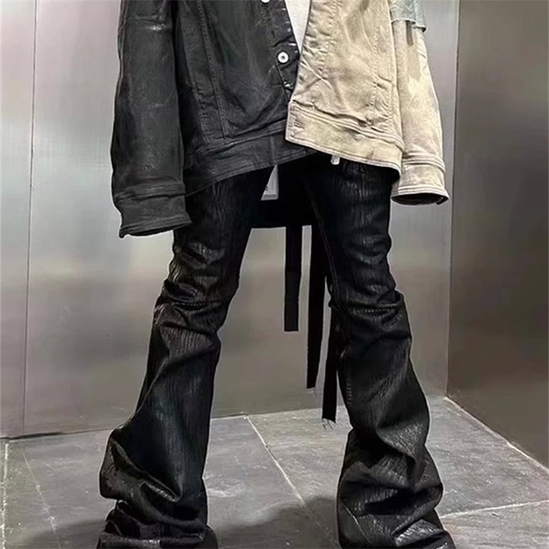 Streetwear Black Wax Leather Strecth Jeans for Men Ropa Hombre Baggy Y2k Flare Pants Oversized Straight Denim Trousers 260918