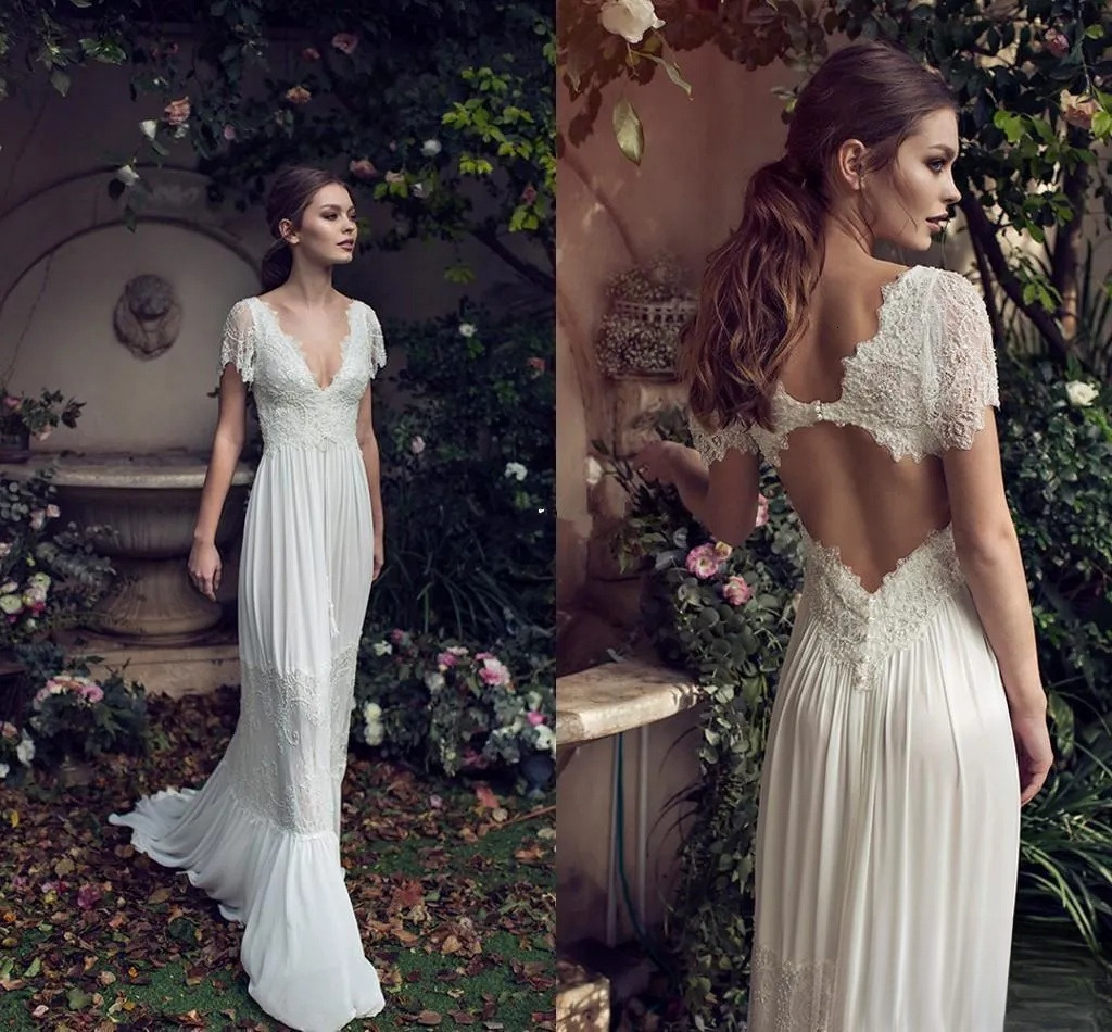Ivory Lihi Hod Bohemian Dresses Deep V neck Backless Boho Bridal Gowns Floor Length Applique Short Sleeves Summer Wedding Dress