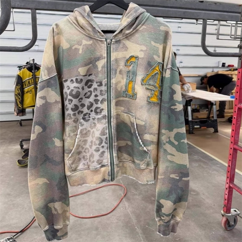 Camouflage Leopard Printed Stitching Made Old Patchwork Aesthetics Hoodie Autumn Winter Long Sleeved Streetwear 260918