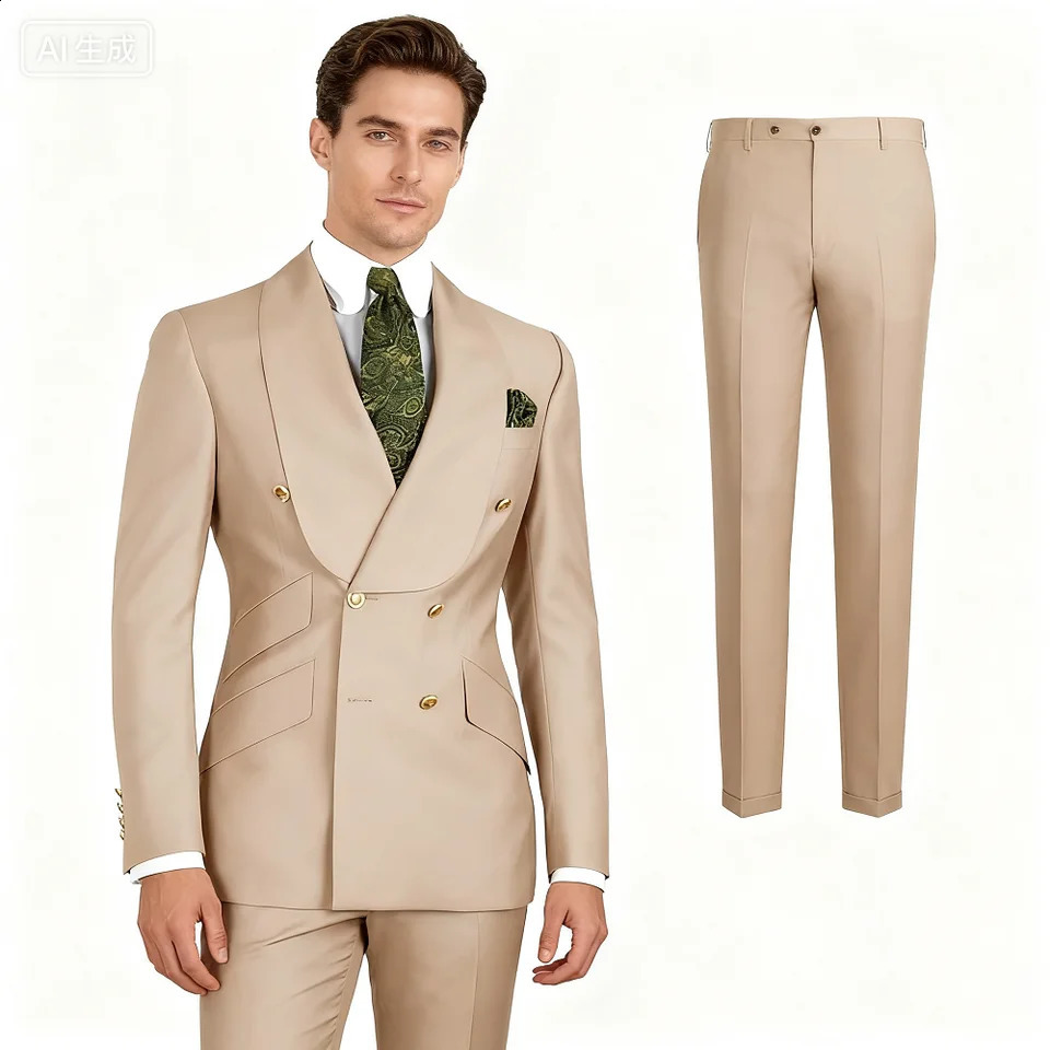 2 PCS Men's Smart Casual Solid Formal Tuxedo Suits with Shawl Lapel Double Breasted Jacket And Pants for Business Wedding 260918