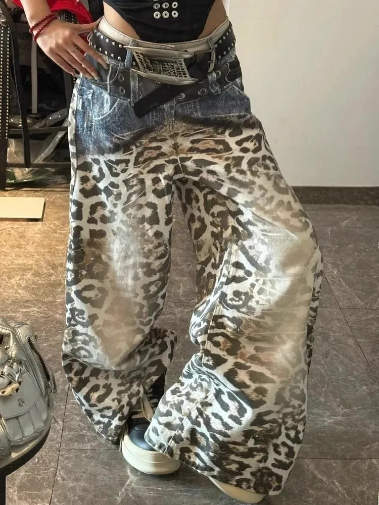 Retro stampa leopardata modello stampato splicing jeans da donna alla moda High Street Harajuku pantaloni larghi da uomo e da donna 260920
