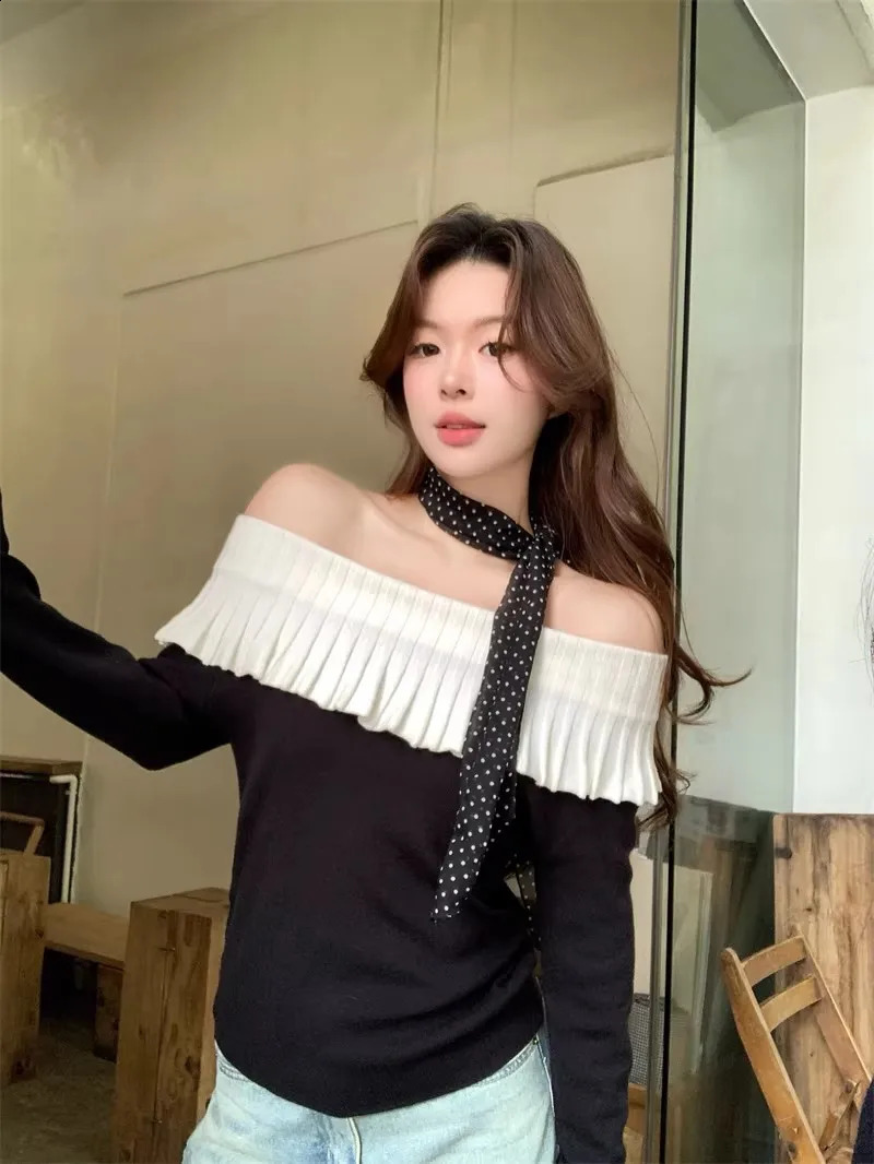 Women's Solid Color Slash Neck Ruffles Sweater Short Pullover Korean Fashion Chic Retro Style for Autumn Winter 260918
