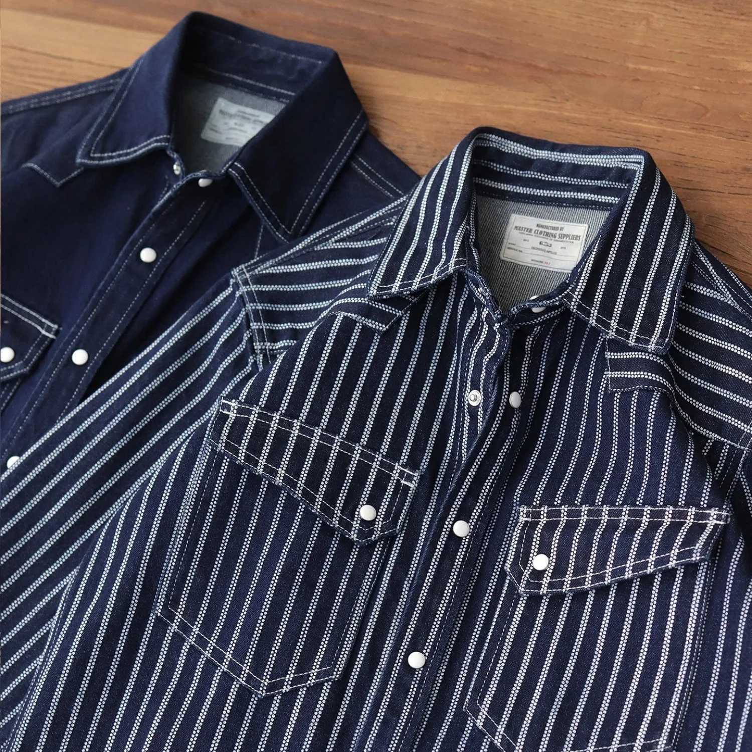 Men's Casual Shirts Heavy denim shirt jacket men's American retro denim original color casual long-sleeved thickened striped work shirt fo