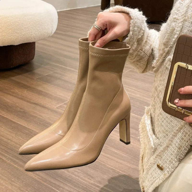 Women Ankle Boots Fashion Pointed Toe Ladies Elegant Short Boots Square High Heel Autumn Winter Women's Shoes 260918