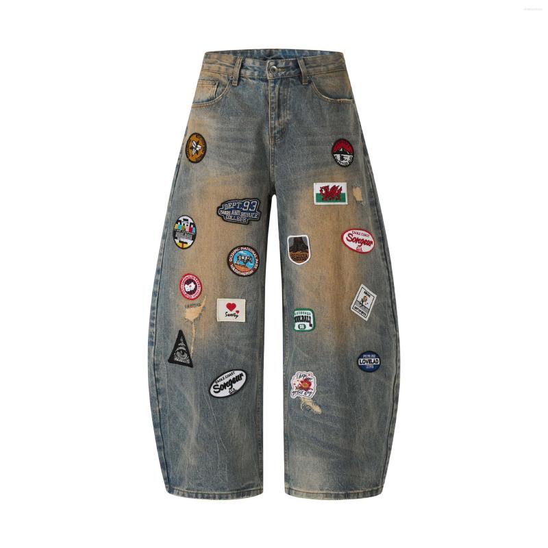 American High Street Style Embroidered Personalized Design Jeans For Men Loose Casual Fashion Versatile Scimitar Wide-Leg Pants