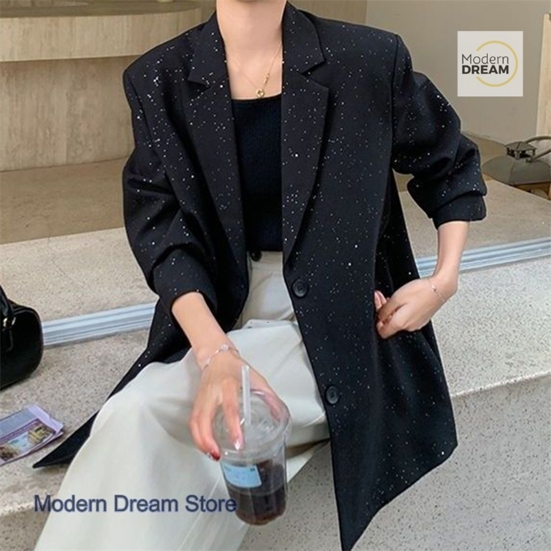 French fashion style black sequined suit jacket womens spring and autumn plus size loose retro temperament suit 260918
