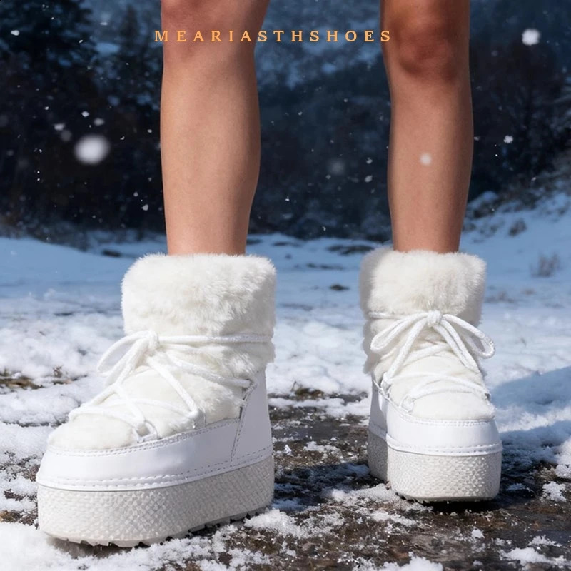 Botas de nieve con plataforma de 4,5 cm para mujer, planas, con botines impermeables de cuero PU suaves y cómodos para mujer, botas de esquí en blan