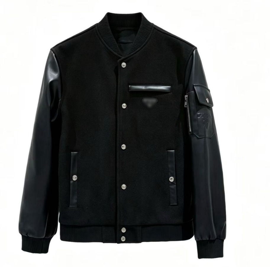 Designer Men's Leather Collar Zip Bomber Jackets Leather Point Long Sleeved Baseball Jacket mens Windproof Black Matte Wool Blend Smart Casual