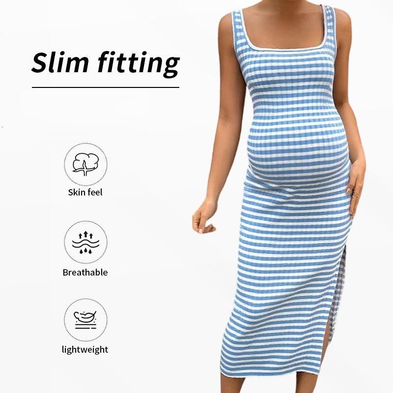 Designer yoga clothing Women s Summer Slim Sexy Square Neck Striped Side Slit Sleeveless Bodycon Maternity Dress Fashionable maternity clothing