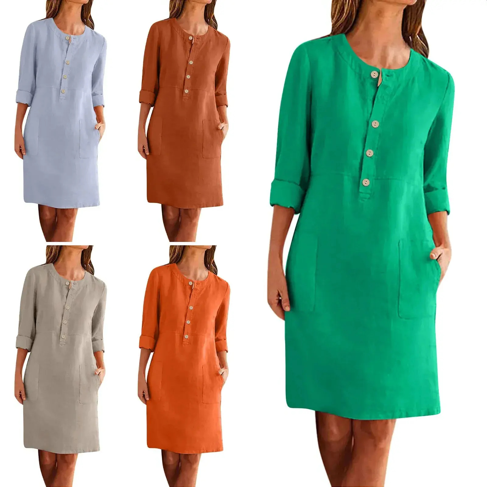 Women Casual Dress Summer Womens Button Dresses Fashion Casual Large Loose Solid Cotton Linen Round Neck everyday Short Sleeve Pocket Long Dress Lad