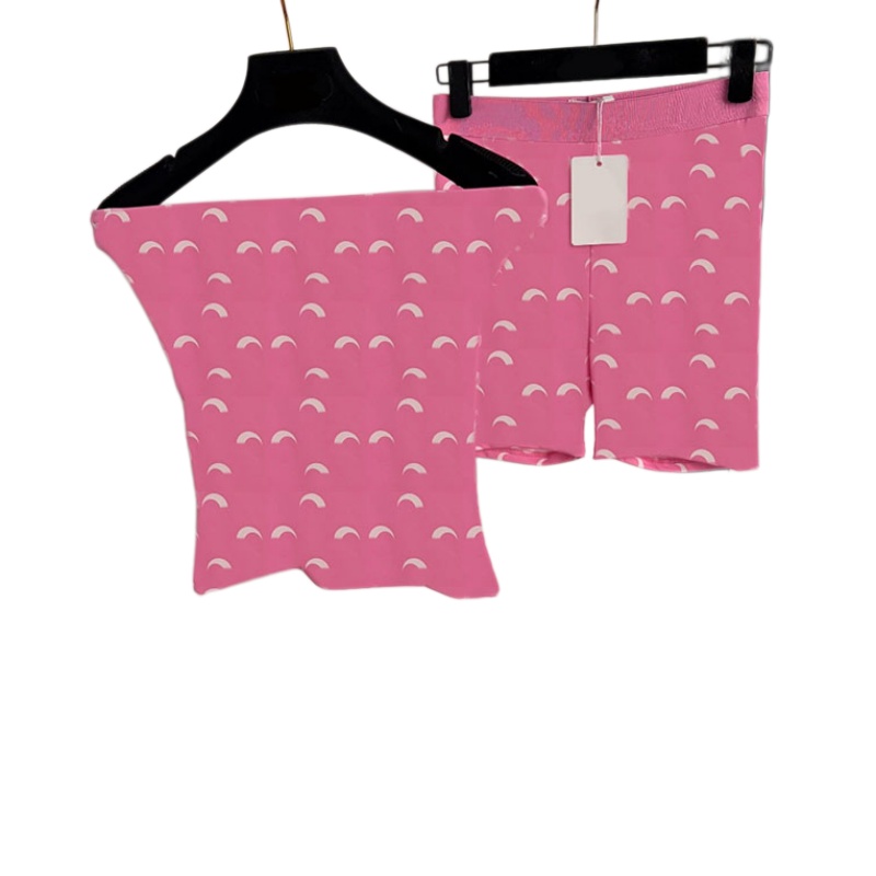 Y2K Pink Moon Print Tube Top Shorts Outfits For Women Designer Slim Fit Strapless Vest High Waist Stretch Shorts Sexy Beachwear