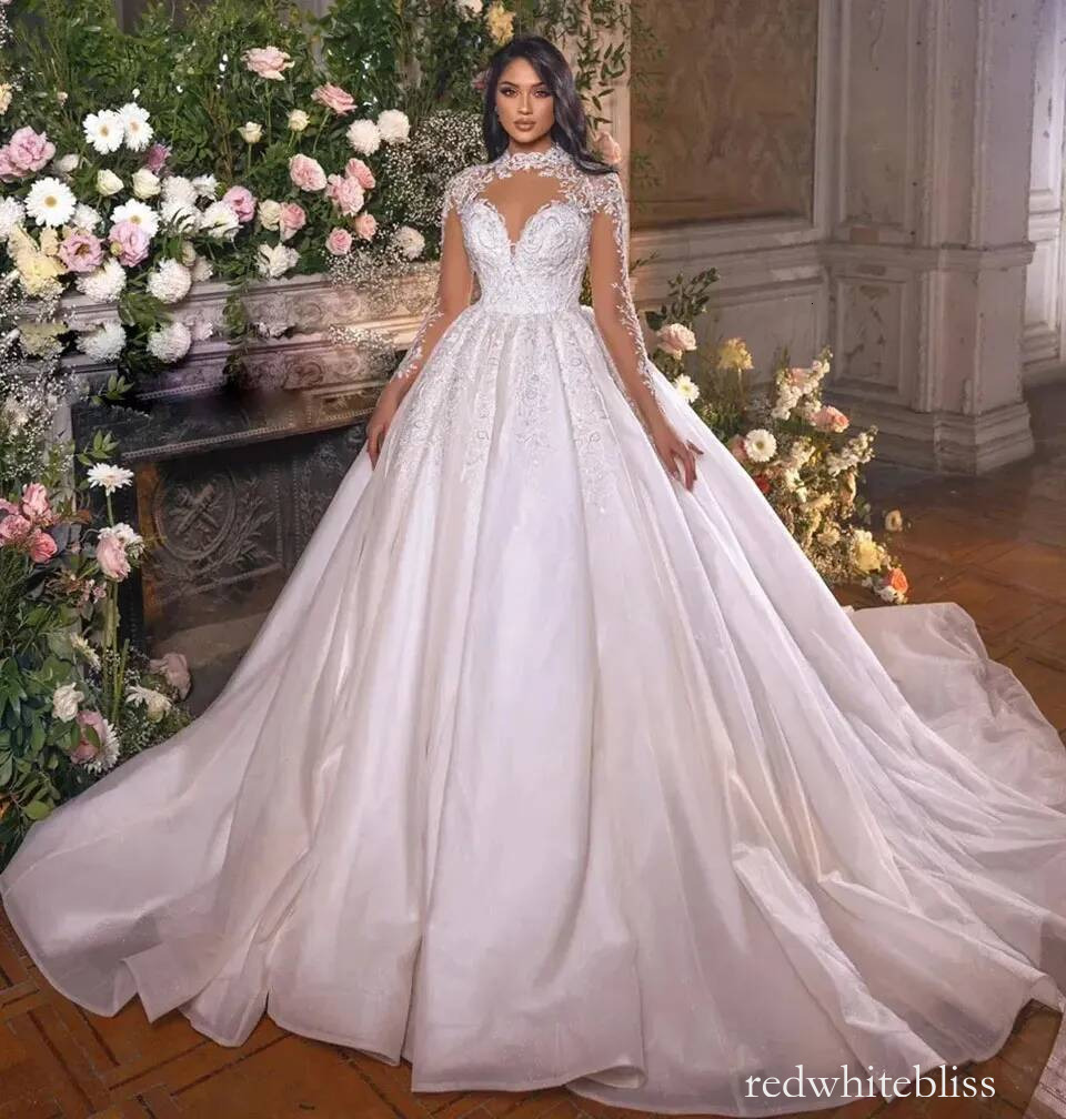 White Wedding Dresses Ivory Bridal Gowns Formal A Line Applique Custom Zipper Lace Up Plus Size New Floor Length Long Sleeve Illusion High Neck Orga