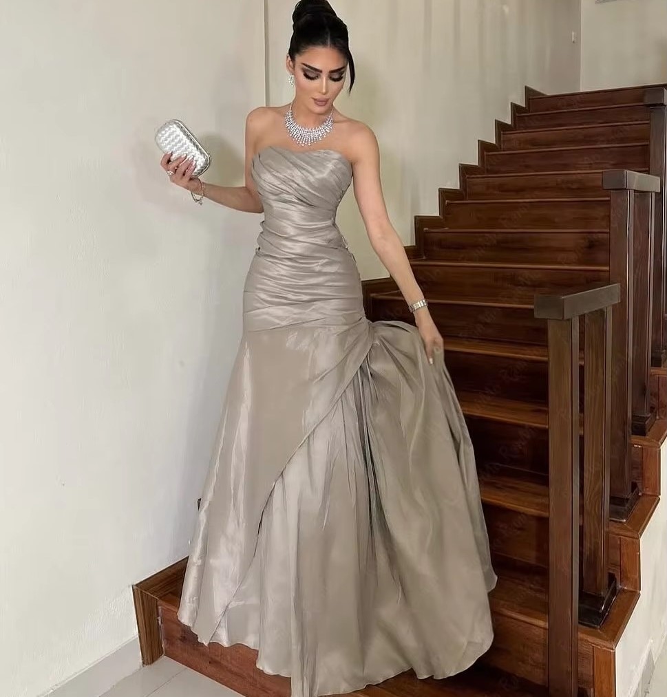 Elegant Silver Mermaid Evening Formal Dresses Strapless Pleats Floor-Length Lace-Up Prom Pageant Party Gowns Celebrity Birthday Vestidos De Feast Ga