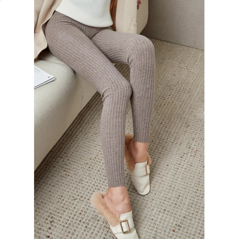 100% Merino Wool Striped Leggings Womens Winter Warm Knitted Tights Solid Color Womens Trousers 260920