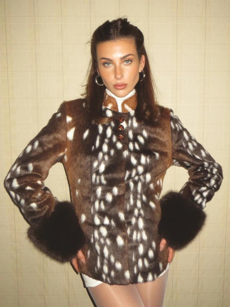 Fashion Women's Leopard Jacket Button Stand Collar Full Sleeve Fur Cuffs Slim Coat Female 2026 Autumn Winter Lady Street Ouwears 260918
