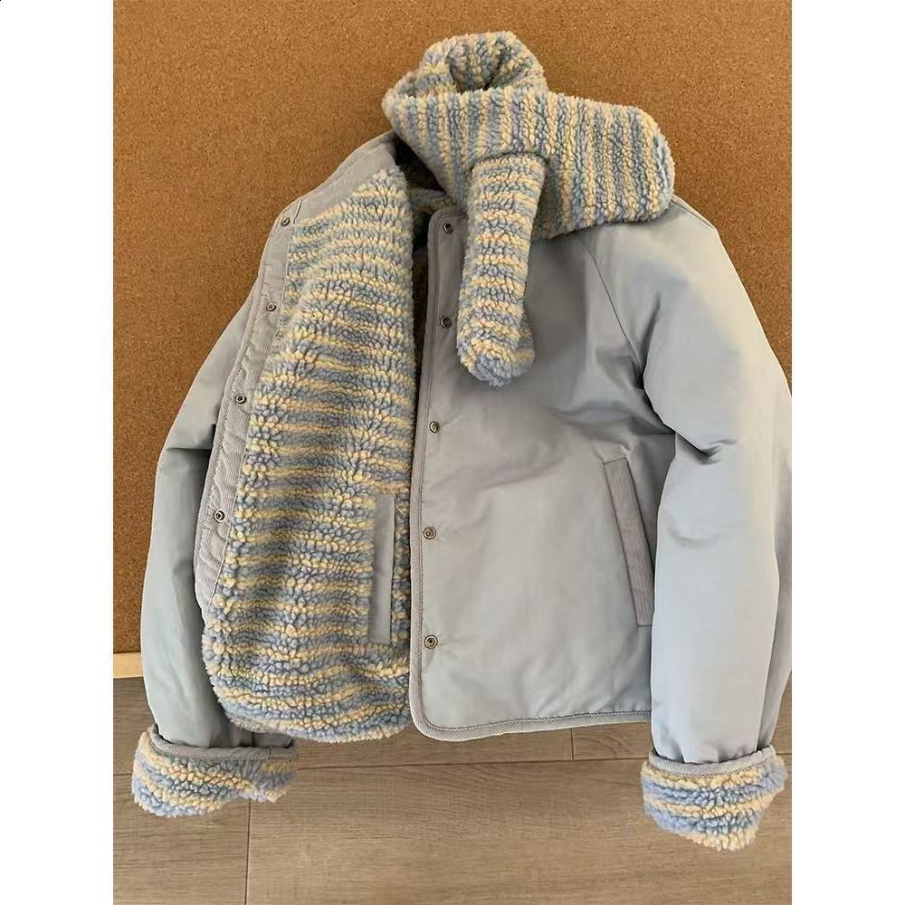 Reversible fleece cotton jacket Korean-style cotton coat vibe-style scarf jacket 2026 model warm and loose-fitting outerwear 260920