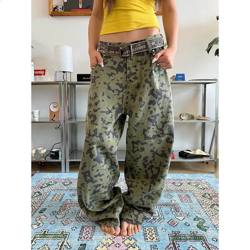 ZHIZOU Womens Leopard Rivet Pants Jeans Y2K American High Street Harajuku Loose Wide Leg Long Jeans Cargo Clothing Autumn 2026 260920