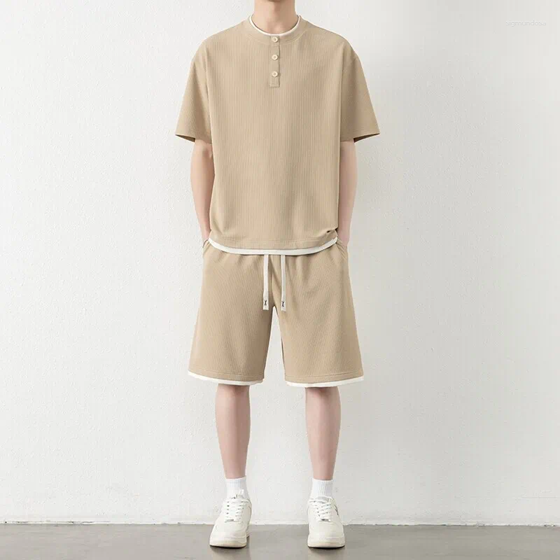 Summer Youthful Vitality Sports Sets Men Solid Color Short Sleeve O-Neck Tees Elastic Waist Shorts Mens Jogging Casual