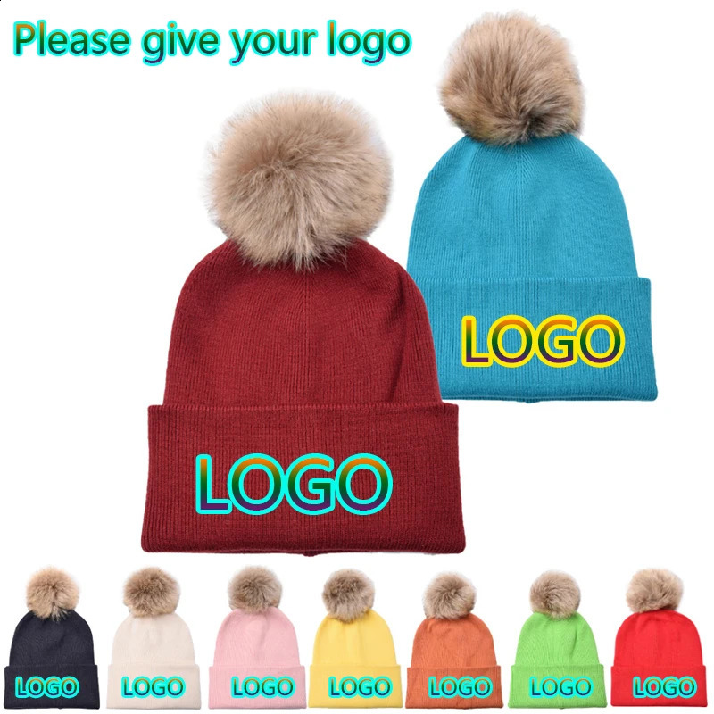 Custom Solid Color Faux Fur Pom Hat Women Winter Warm Knitted Beanie Cap Men Personalized Text Crimping Skullies Caps 260918
