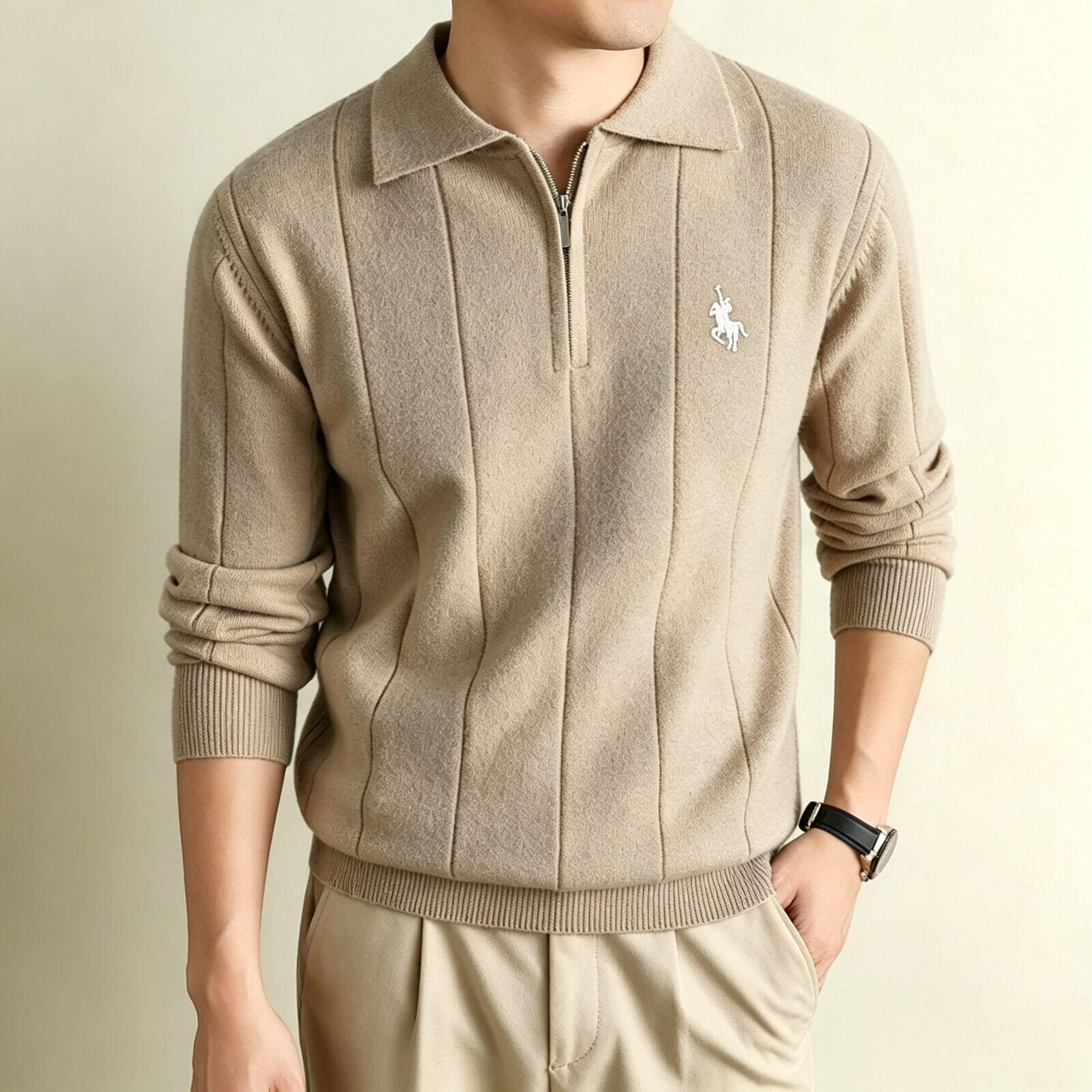 Luxury Brand Designer Old Money Style Men's Jacquard Knit Long-Sleeve Polo Shirt, Fashionable Textured Design, New Autumn/Winter Warm Base Laye
