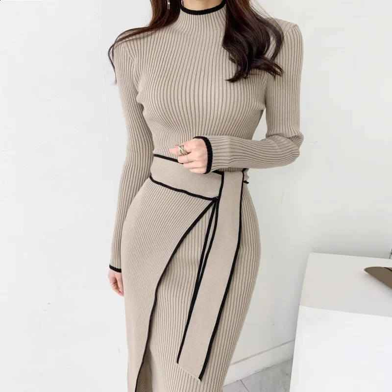 YuooMuoo Elegant Lace Up Turtleneck Knitted Long Dress Korean Fashion Khaki Black Rib Bandage Bodycon Sweater Dress Robe Femme 260920