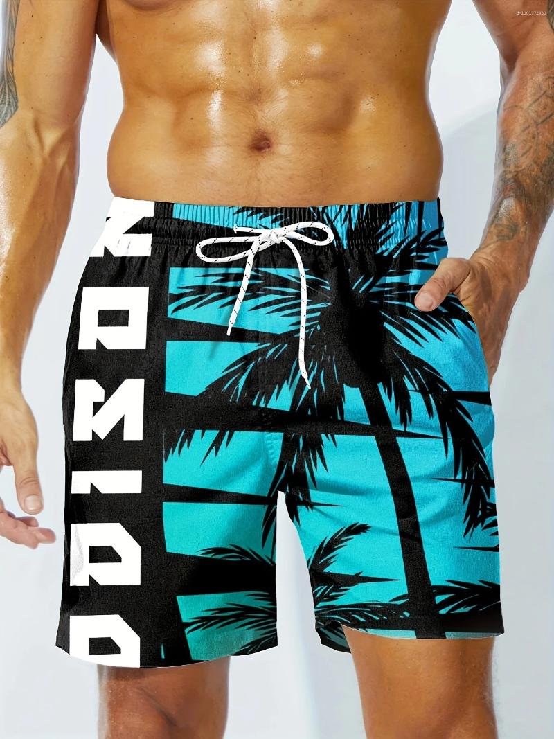 Men's Blue Black Color Block Palm Tree Print Beach Shorts Quick Dry Drawstring Casual Summer Swim Trunks For Men