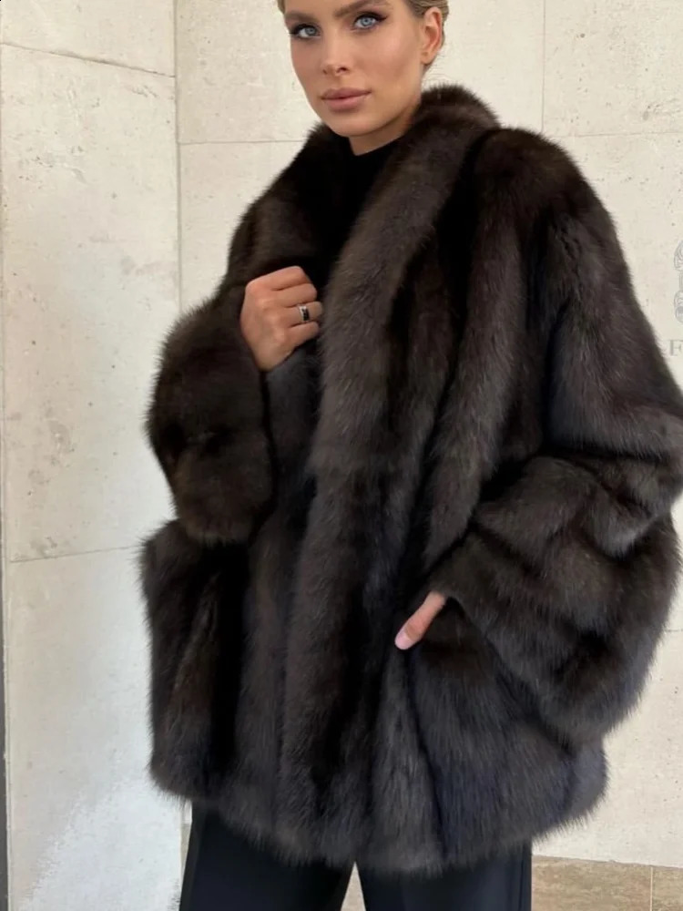 Fashion Medium-length Fur Coat Women Elegant Solid Lapel Hidden Button Loose Coats Lady Winter Commute Office Outerwear 260920