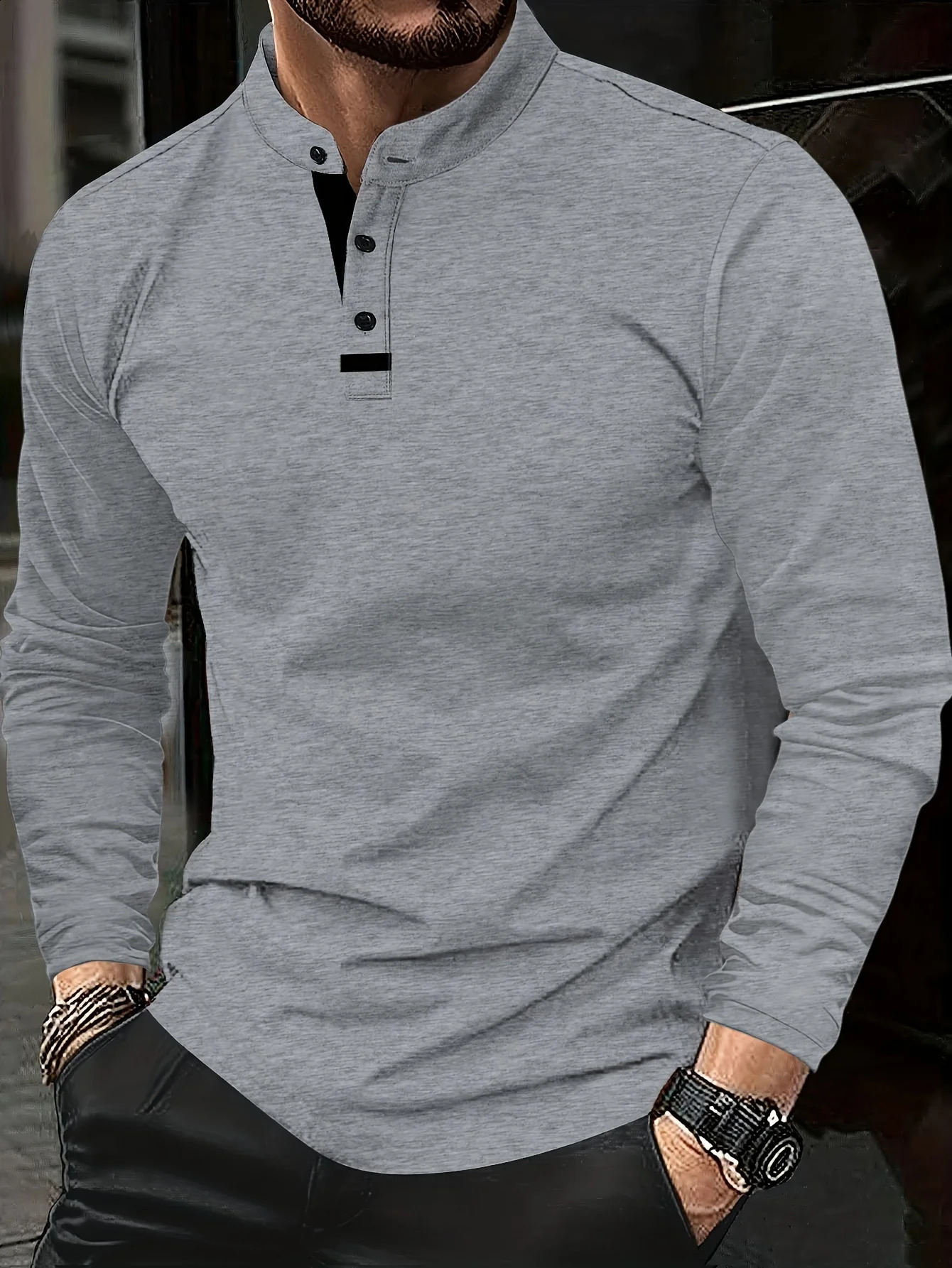 A Stylish Men's Round-Neck Plain Spliced Polo Shirt Suitable for Wearing at Home in Summer Autumn and Winter 260920
