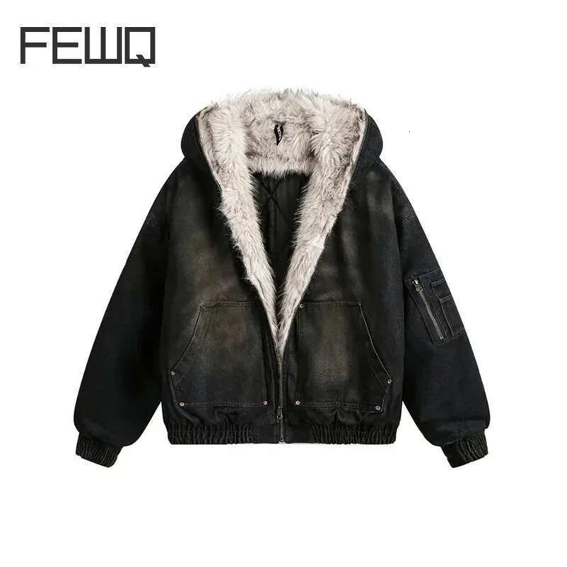 FEWQ Men's Padded Jackets Fashion Denim Fleece Hooded Worn-out Zipper Patchwork Loose Winter Male Clothing Stylish 24F1011 260918