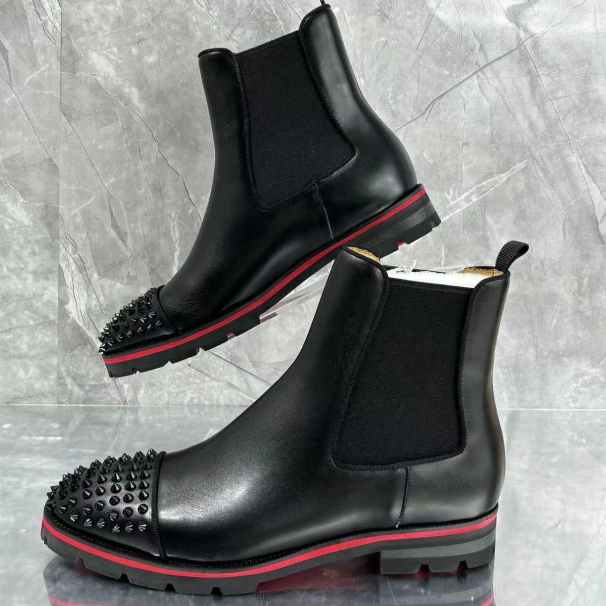 Casual Shoes Red-soled men's boots genuine leather men's footwear Chelsea-style with rivets durable and slip-resistant