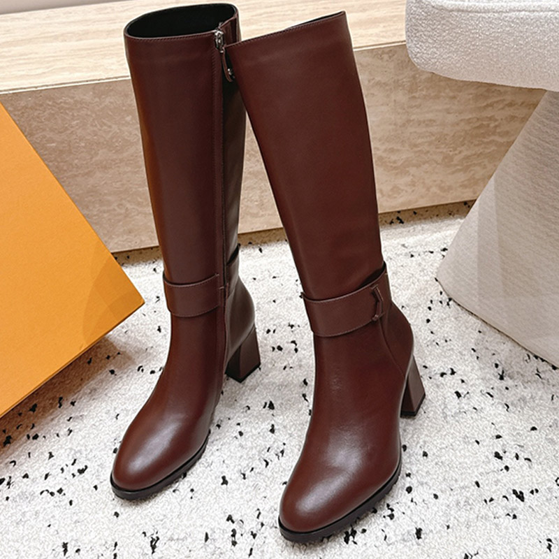 Botas De Moda De Tacón Grueso De Piel De Vaca De Diseñador Botas Altas Con Cremallera Midtown De Invierno Para Mujer Diseño Clásico De Hebilla De Me
