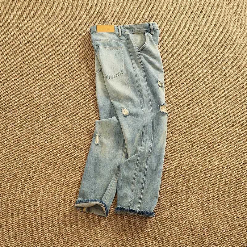 Men's Jeans Light blue retro washed ripped jeans Men's retro trend high street casual straight cone denim pants X260919