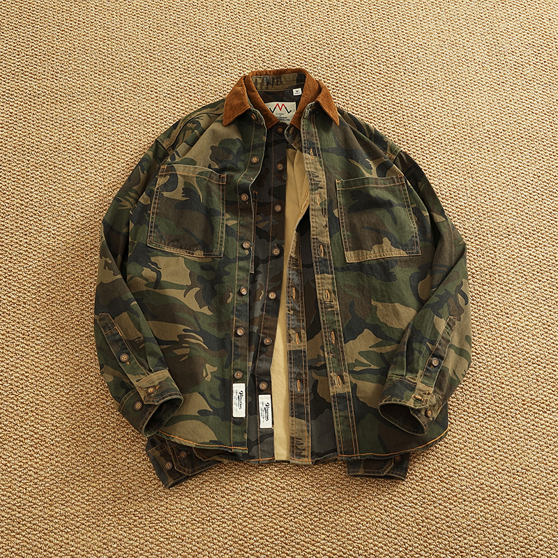 2026 Spring New American Retro Woven Twill Camouflage Cargo Shirt Men's 100% Cotton Washed Old Double Pocket Blouser Thin Jacket