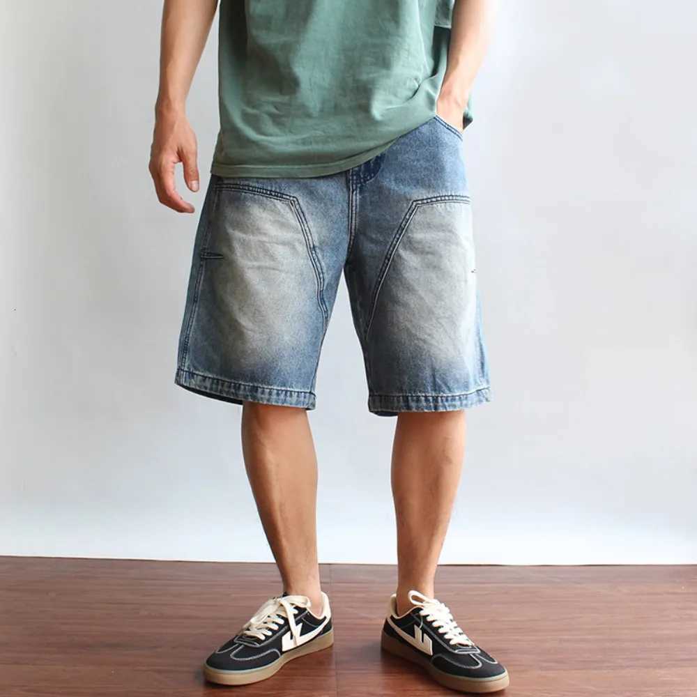 Men's Jeans Heavy splicing and washing denim five-point pants for men's Japanese trendy grinding and old classic blue summer trendy shorts