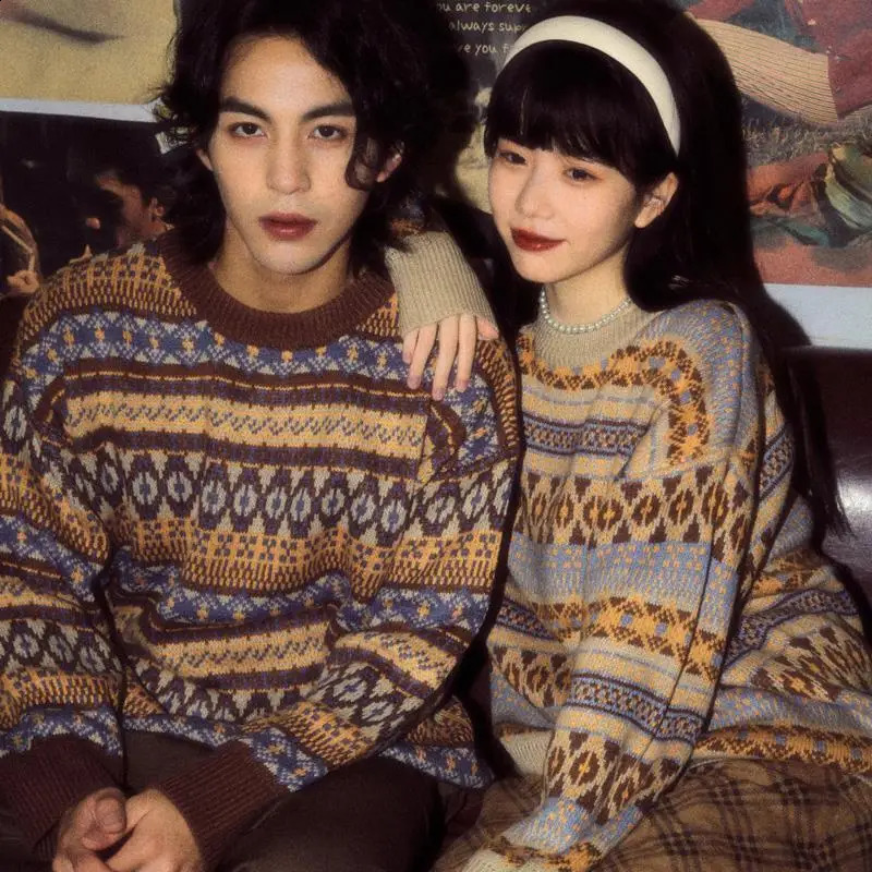 Contrasting Color Lazy Style Loose Couple Jacquard Knitted Sweater Retro Causal High Street Sweaters Jacket Men Women Pullovers 260920