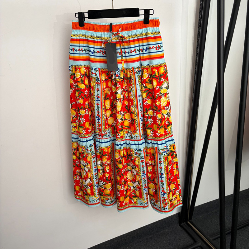 Vintage Women Boho Print Midi Skirt Brand Elastic Drawstring Waist Flowy Long Skirt Summer Vacation Party Date Skirts