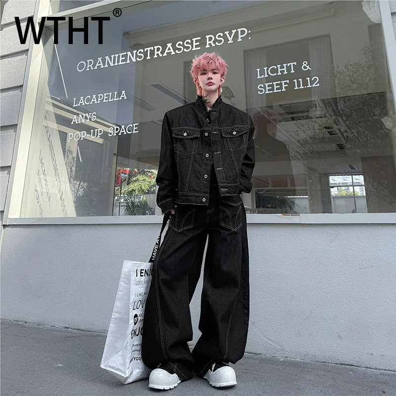 WTHT Fashion Men's Suit Stand Collar Beads Denim Coats Pockets Solid Color Wide Leg Jeans Set Male 2026 Summer 2A2847 260920