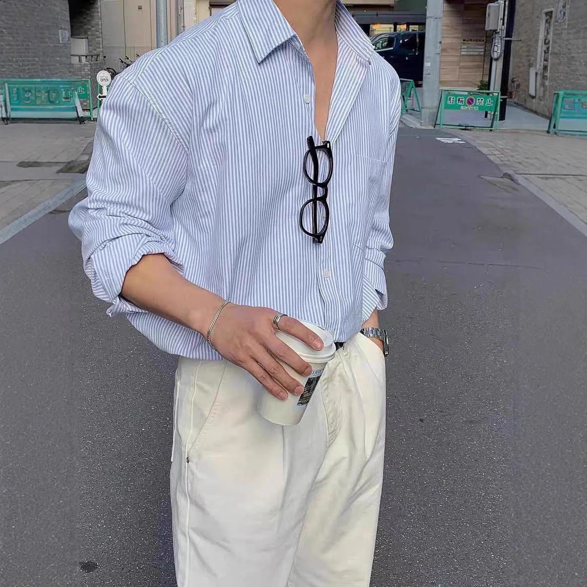 Summer Vintage Striped Shirt Men Loose Long Sleeve Cardigan American Retro Style Pocket Thin Casual Shirt for Men Asian Size 260920